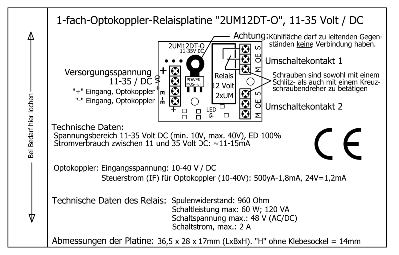 Miniatur-Relaisplatine mit Optokoppler-Eingang 2UM12DT-O-EN V4.0